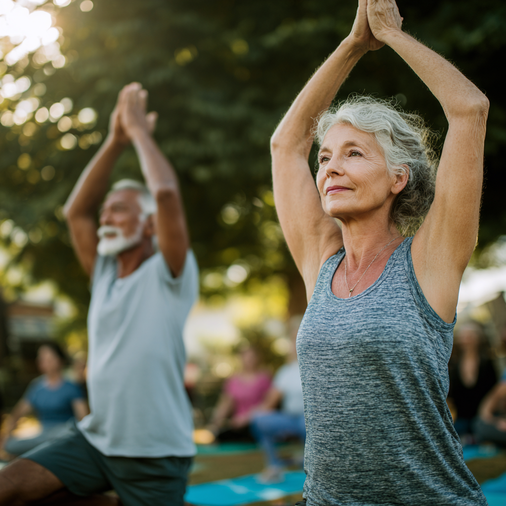 Mature adults enjoying natural movement and flexibility in peaceful outdoor setting