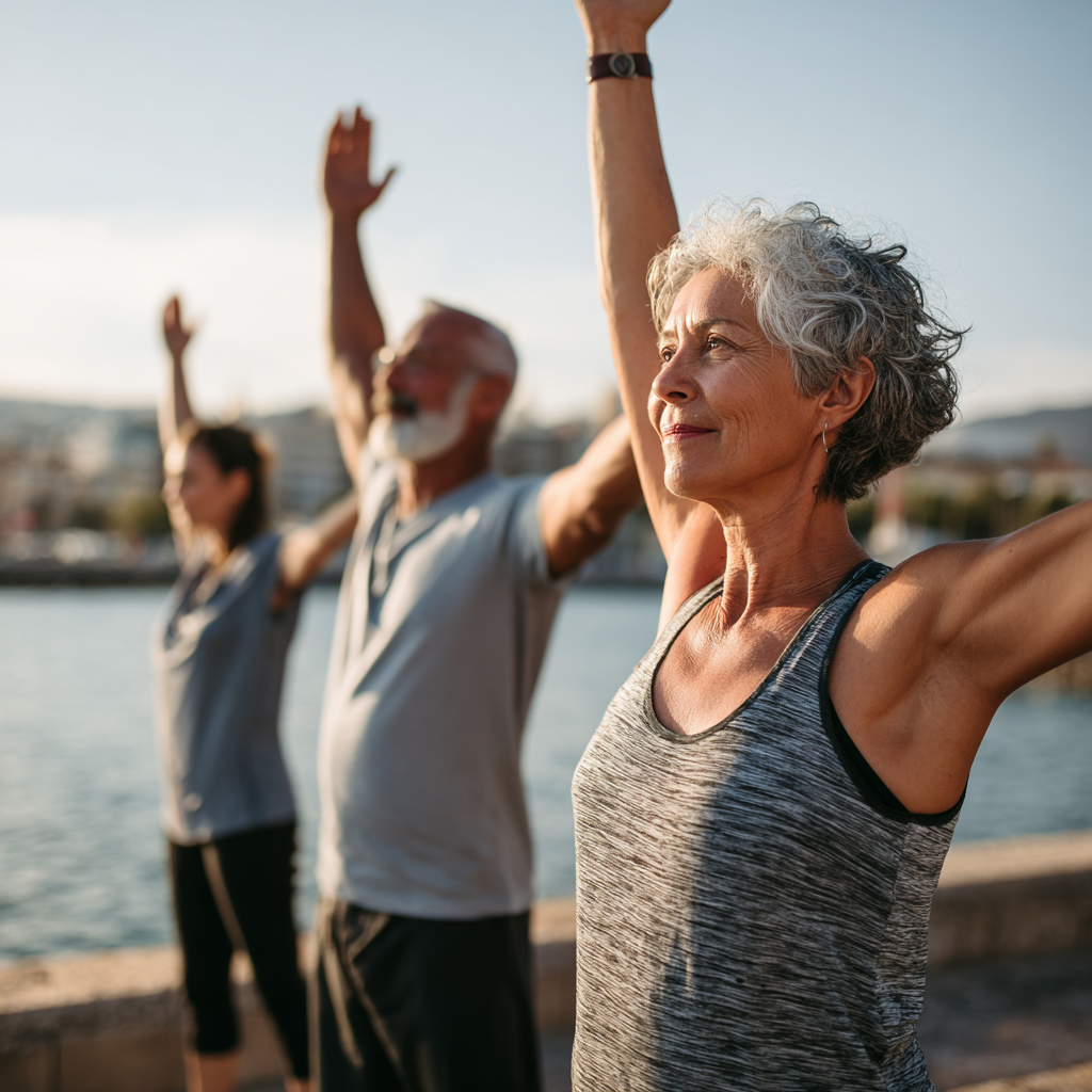 Middle-aged adults practicing gentle movement exercises outdoors