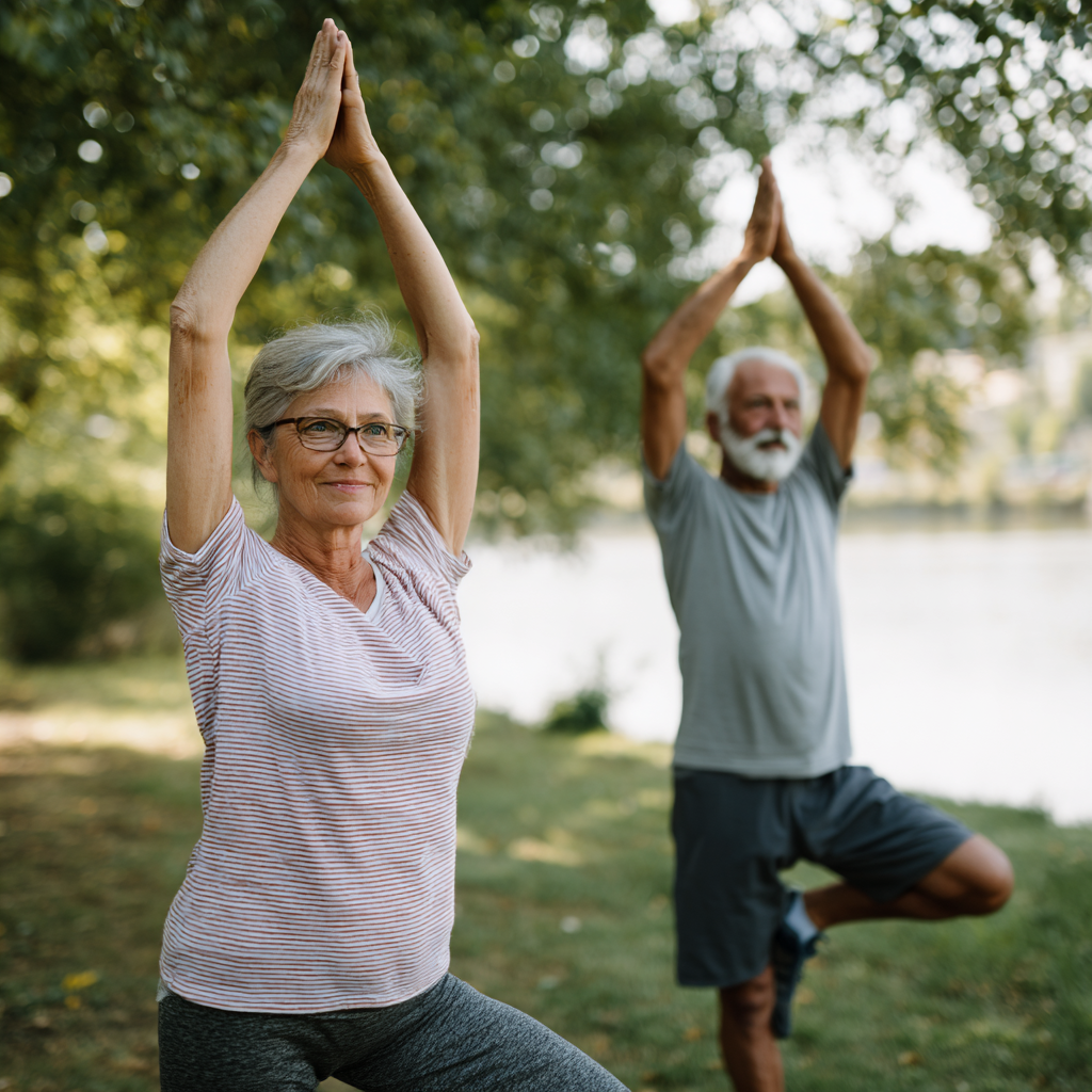 Older adults demonstrating flexibility and stability exercises in natural environment